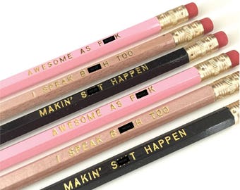 Set of 6 Engraved Pencils | Swearing Message Pencils | Swear Words | Profanity | Curse Word Pencil Set | Funny | Cuss Word Pencils | Cursing