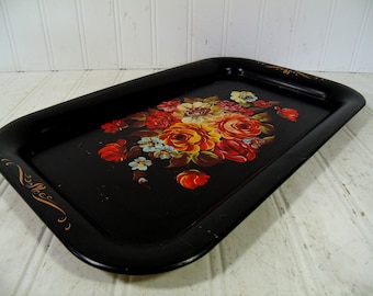 Black Metal Tray Vintage Painted Floral Retro Colorful Flowers Bouquet Toleware Decorative Tin Platter 14 x 9 Shabby BoHo Bistro Display