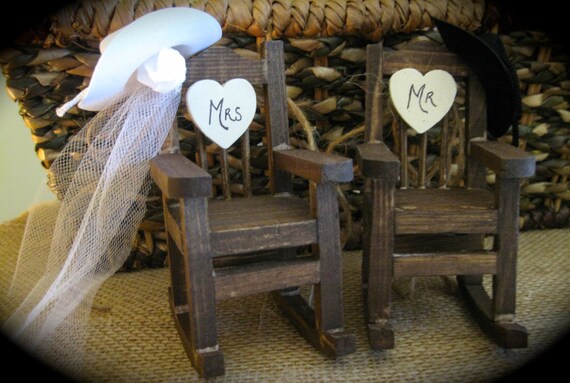 Rustic Country Western Mini Rocking Chair Cake Topper with Cowboy Hats and Veil
