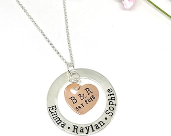 Heart Family Mother's Necklace - Copper Sterling Family Necklace - Mixed Metal Family Jewelry - Hand Stamped Mom Necklace - Personalized