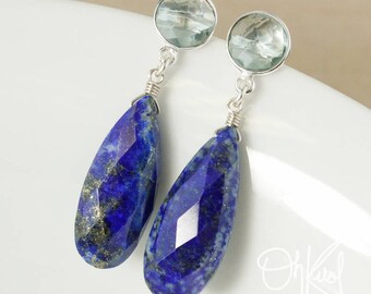 Aqua Blue Quartz & Blue Lapis Teardrop Earrings - Post Setting - Gifts for Her