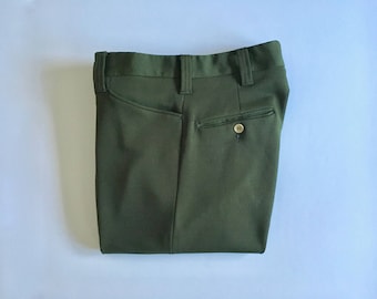 Vintage Men's 70's Disco Polyester Pants, Olive Green, Straight Leg (W31)