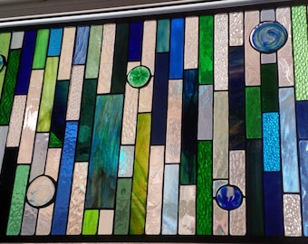 Beautiful Blue green stained glass window panel