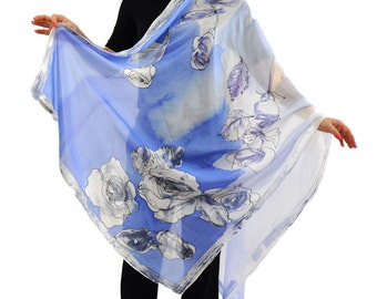 Hand painted silk Shawl Scarf/Blue roses/Painting Silk Shawl/Long floral shawl/Woman silk scarf/Painting by hand flowers/Shawl by Gabyga