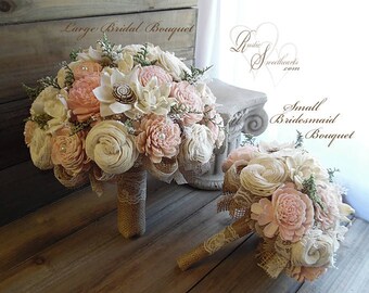 Rustic Blush Pink Wedding Bouquet, Sola Flowers, Burlap, Lace.