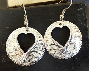 Sterling silver earrings, hand engraved, hearts