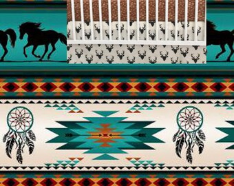Teal Crib Skirt Dream Catcher Horses Straight Crib Skirt Aztec Skirt Tribal Tucson Crib Skirt Boy Crib Bedding Skirt Woodland Nursery