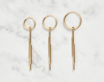 Minimalistic hoop earring with art deco Lines pendant | Price per piece or pair | 14k gold filled & sterling silver