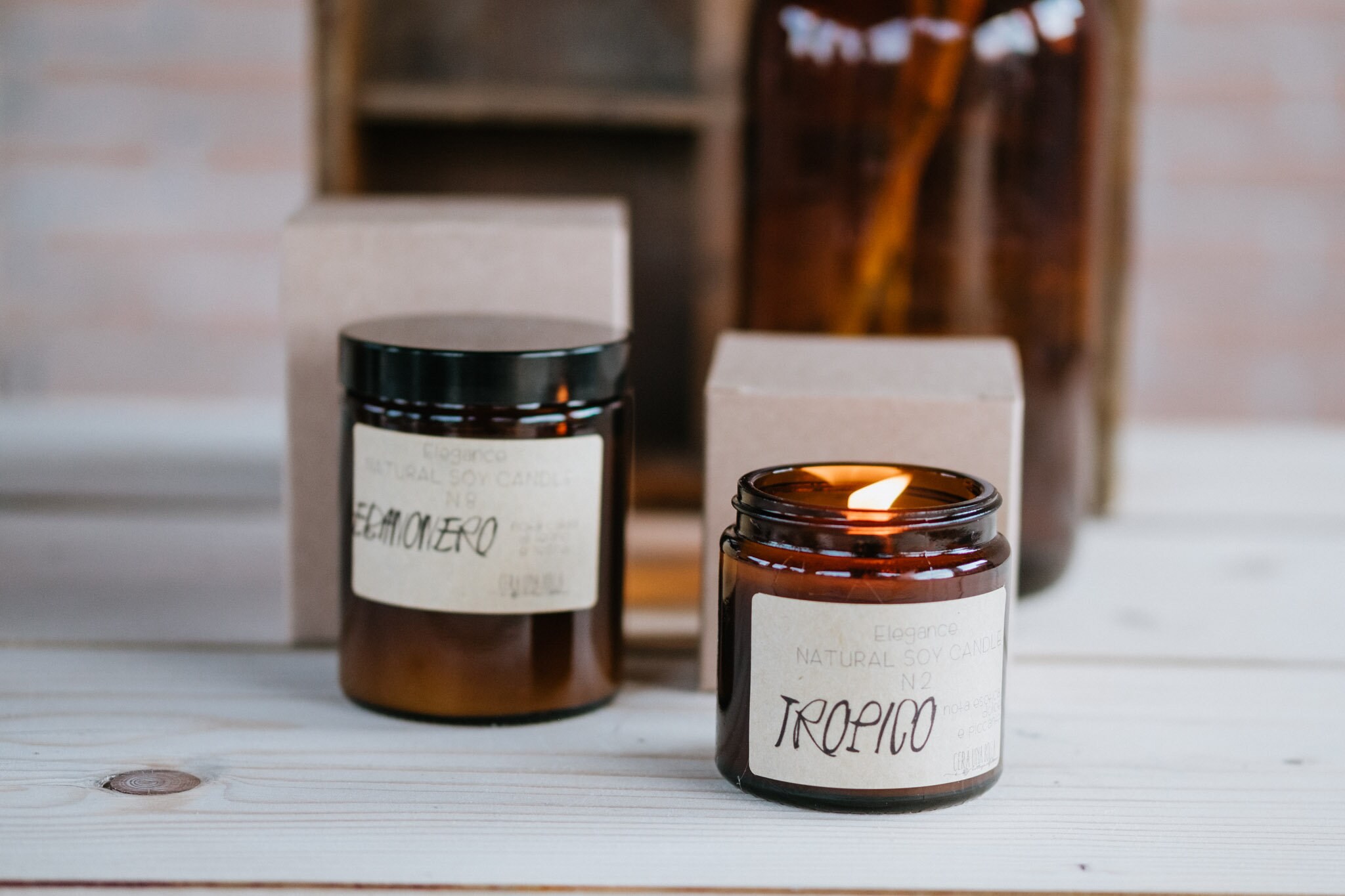 Amber glass jar natural candle black lid wood wick soy wax