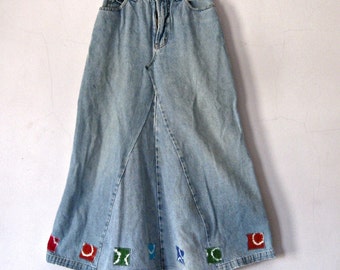 Girl's Denim Maxi Skirt Upcycled Jeans Size 10 Tie Dyed Patches