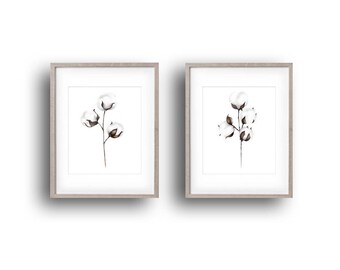 Cotton Branch Print, Cotton Ball Art, Floral Artwork, Set of 2, Cotton Stems, Nature Print, Flower Painting, Farmhouse Decor, Home Decor