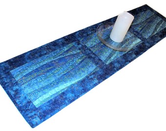 Blue Shimmer Quilted Table Runner, Blue Table Runner Quilt, Quiltsy Handmade Patchwork Quilt
