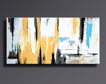 ABSTRACT PAINTING Yellow Gray White Black Blue Painting Original Canvas Art Contemporary Abstract Modern Art 48x24 wall decor #AB19i13