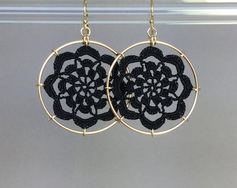 Serendipity doily earrings, black silk thread, 14K gold-filled