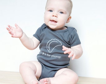 P is for Pierogi Baby One-Piece Bodysuit (Charcoal Gray or Red)- Poland, Polish, Pittsburgh