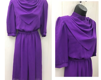 Vintage 1980s Secretary Dress Retro 80s Purple Dress Belt Included Sheer 3/4 Sleeves Elastic Waist Small