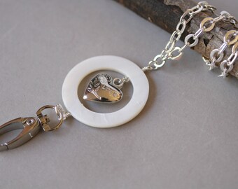 Off-White Mother-Of-Pearl Open Ring Dangling Heart Eyeglass/Badge ID Lanyard