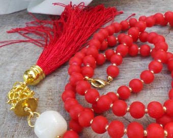 Long beaded tassel necklace. Red beaded tassel necklace. Long beaded necklace. Bohemian tassel necklace. Red and gold necklace.