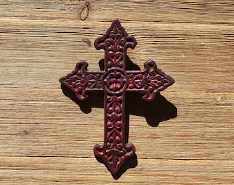 Red pink wash painted iron Cross - Wall Cross Decor - Iron Cross - Rustic Cross - hand painted Cross - Shabby Chic.