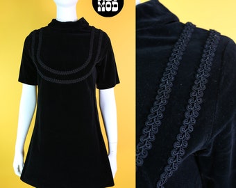 Fantastic Vintage 60s 70s High End Black Velvet Gothic Dolly Mod Party Dress