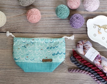Knitting Project Bag | Blue Waves and Fish Sock Sack Yarnmonster Knitting Project Bag