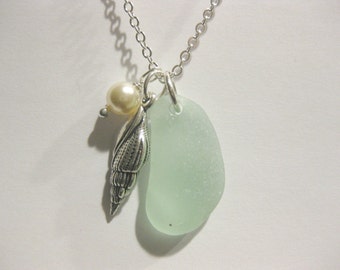 Seaglass Pendant - Shell pearl Sea Glass Pendant Shell Jewelry Beach Glass Jewelry Handmade, Custom Jewelry