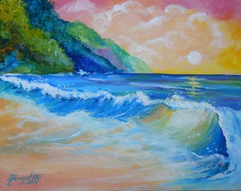 North Shore Sunset Original Acrylic Painting from Kauai Hawaii by Marionette blue green teal aqua pink ocean wave sand ocean wave