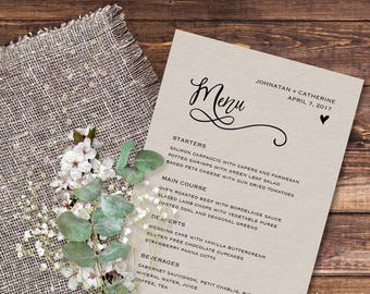 Wedding menu cards template, Wedding reception menu template printable, Wedding dinner menu template, Editable wedding menu printable, 5x7