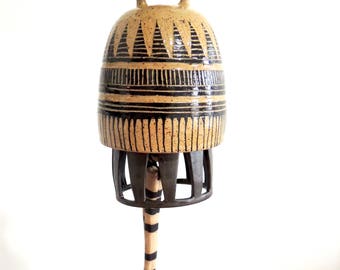 Tan and black ceramic windchime, ceramic bell, wind chime