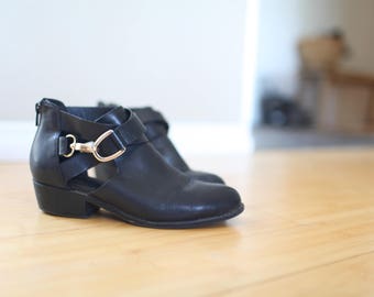 vintage cut out black leather buckle oxford ankle boots womens 6 1/2