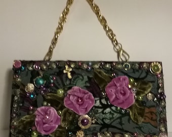 Shabby Chic Cigar box purse, hand dyed silk velvet roses, burn out velvet background, charms, beads, chain handle, bottom lined, all wood,