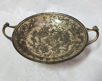 Vintage pedestal compote tray with curled handles and an embossed floral pattern, Weidlich Bros Mfg, silver compote, silver pedestal compote