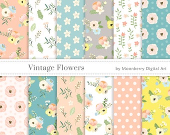 Floral Digital Papers " VINTAGE FLOWERS " Floral Papers, Commercial Papers, Flowers Digital Papers, Scrapbook Paper, Pastel Digital Papers