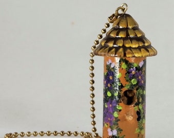 Gold Birdhouse Fan / Light Pull , Hand Painted