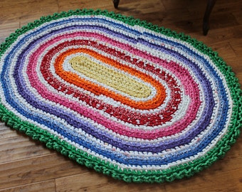 Rag Rug, Rainbow 37.5" x 55" Crocheted Oval Rag Rug, Nursery Rug, Cottage Chic Decor, Shabby Chic, Crochet Rag Rug, Rainbow Rag Rug