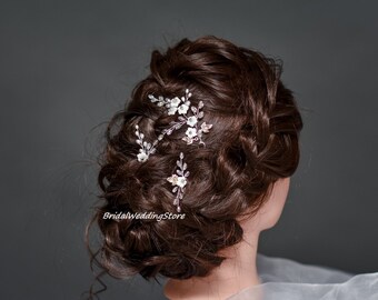 Set of 3 Wedding Hair Pin, Flower Hair Pin, Bridal Hair Pin, Weddings Hair Pin, Bridesmaid hair pins, Crystal hair pins, Bridal Pin Leaves