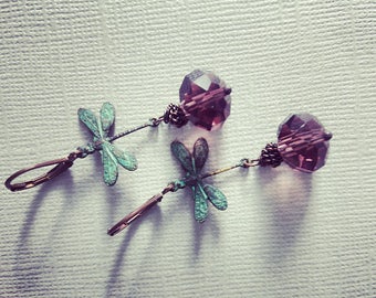 Brass Verdigris Dragonfly Earrings