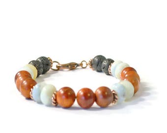 Essential Oil Diffuser Bracelet, Lava Rock, Raja Kayu Wood, Aquamarine Gemstones, and Antique Copper, Aromatherapy Jewelry