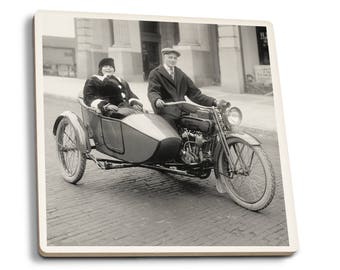 Harley Davidson Motorcycle - Vintage Photograph (Set of 4 Ceramic Coasters)