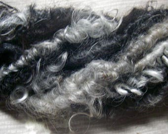 Handspun Corespun Curly Wool Locks in Natural Colors of Black Silver Grey Art Yarn by KnoxFarmFiber for Embellishment Knit Weave