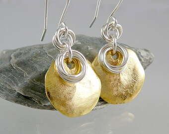 Gold Earrings for Women, Simple Gold Earrings, Gold Disc Earrings, Gold and Silver Earrings, Mixed Metal Earrings, Gold Round Earrings