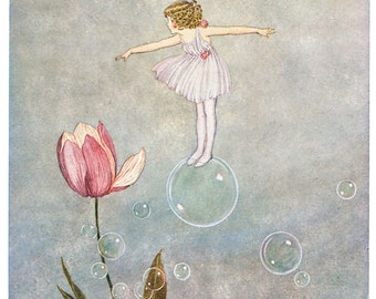 Hand-cut wooden jigsaw puzzle. FAIRY BUBBLES & TULIP. Outhwaite. Fairytale gift. Wood, collectible. Bella Puzzles.