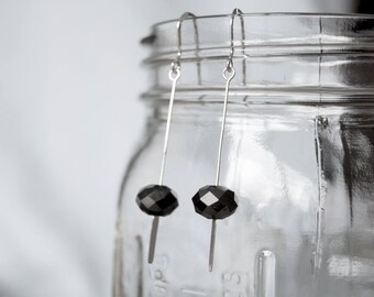Minimalist long black earrings Black Swarovski crystal earrings Black and silver modern earrings Sterling silver black long earrings