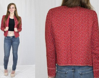 Vintage 80s Eber Red CALICO Floral Quilted Retro Open Blazer Jacket Boho M