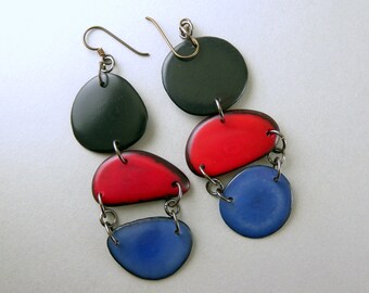 Black, Red, Ultra Violet Shoulder Duster Trio of Tagua Nut Eco Earrings with Free USA Shipping #taguanut #ecofriendlyjewelry