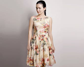 Floral Dress, Cotton Dress, Dress With Pockets, Custom made dress, Midi dress, 50's dress