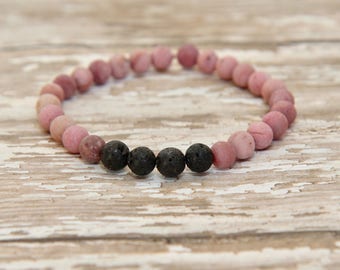 Essential Oil Bracelet, diffuser jewelry, aromatherapy, pink Rhodonite gemstone bracelet, mala bracelet, gift for her, zen, yoga bracelet