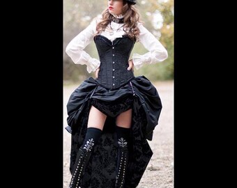 Ready to ship 3PC Black SATIN Corset with BLACK& Black Damask DOUBLE Bustle Skirt, Steampunk, Victorian, Cosplay, Costume, Dress