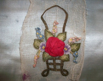 1 Antique ribbon work rose and other flowers in basket of metal, authentic 1910s