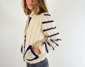 Handmade Striped Cardigan Sweater Cream and Navy